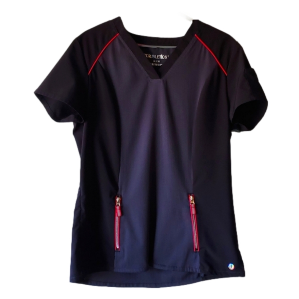 Scrubletics Flextech scrubs top Purple Black W Pink Piping Stripe Details